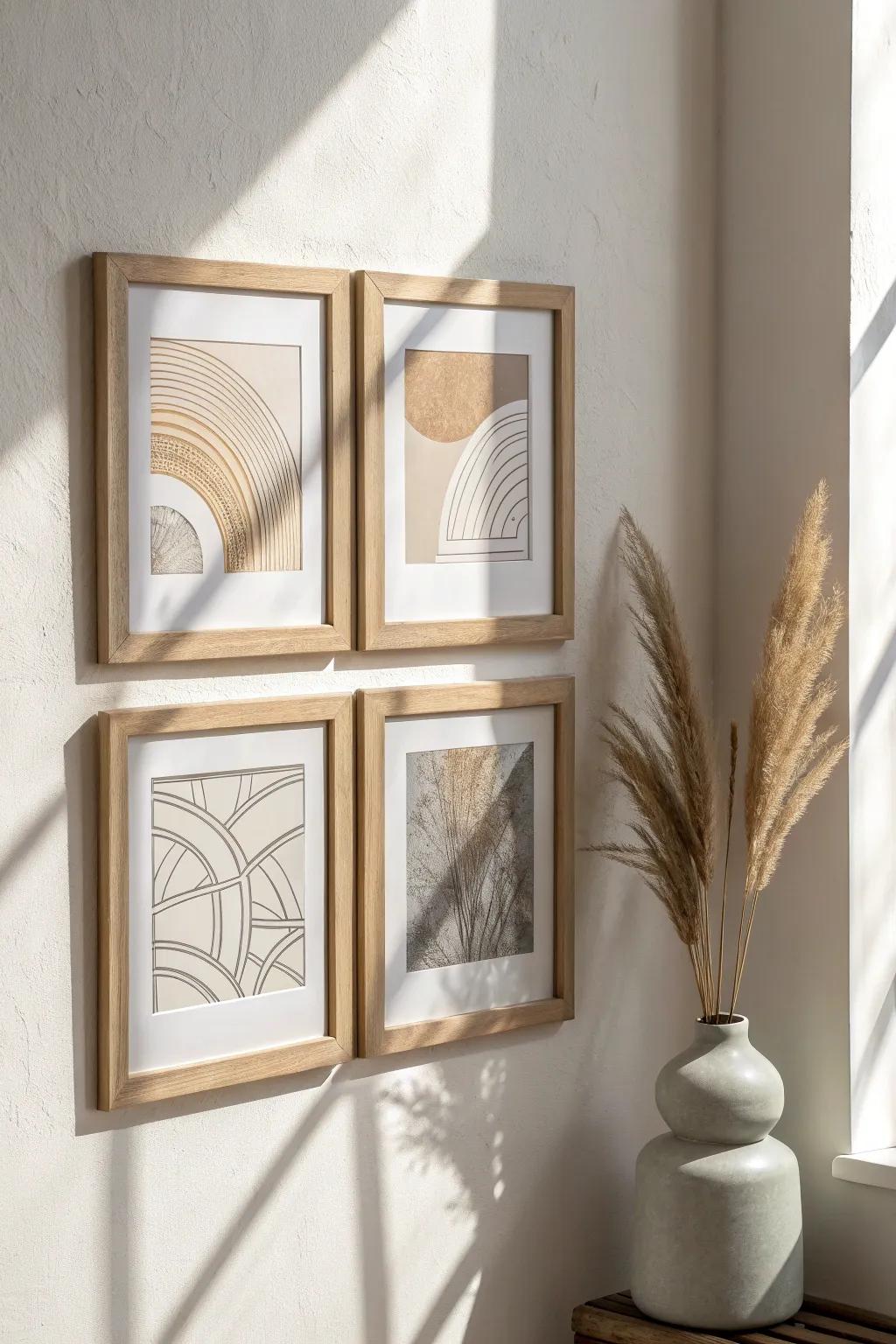 A calm, symmetrical picture-frame grid that instantly makes a narrow hallway feel intentional.