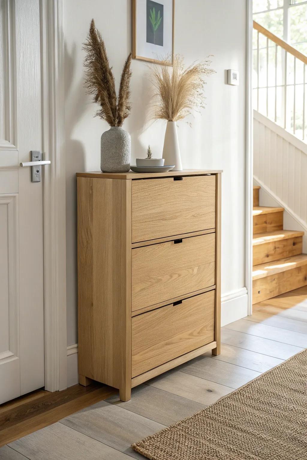 A slim flip-front shoe cabinet that keeps narrow hallways clear—and looks like décor.