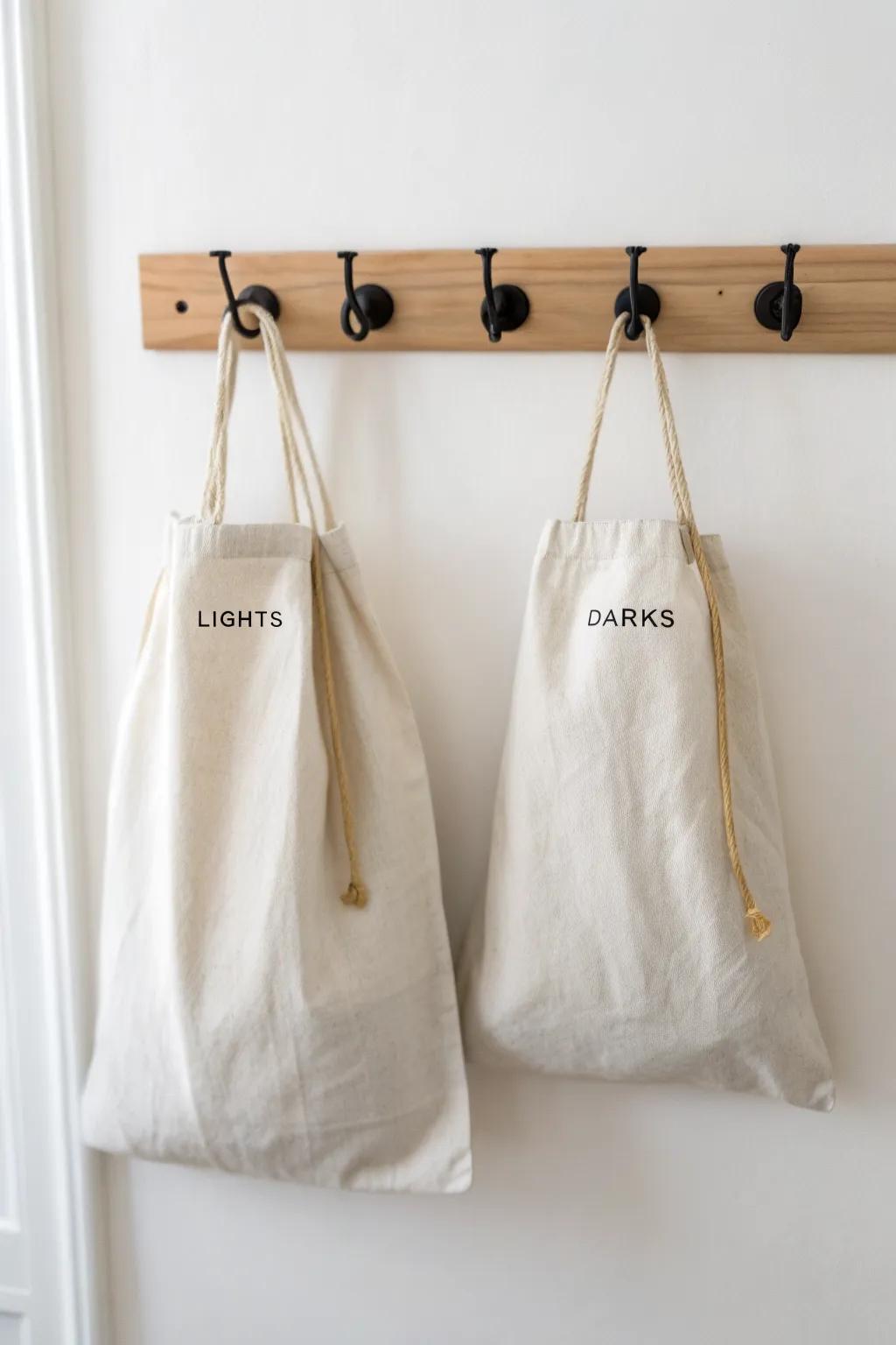 Two labeled linen bags on a slim hook rail—an effortless lights/darks system for tiny homes.