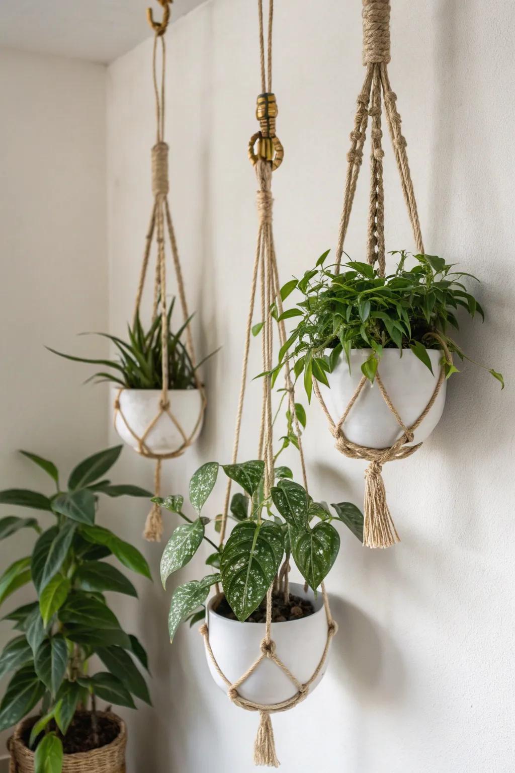 Three ceiling-hook planters in staggered heights—big impact for small corners, never cluttered.