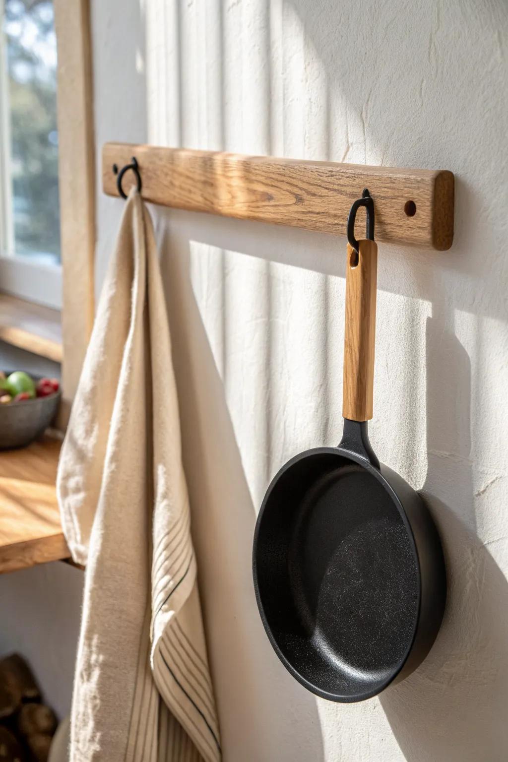 A simple wall rail with S-hooks keeps your go-to pan within reach—clean, small-space style.
