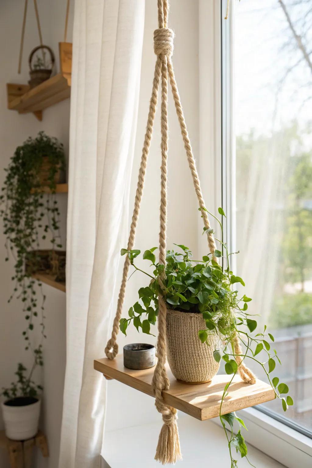 A rope-suspended wood shelf that adds warmth and space—perfect for trailing plants.