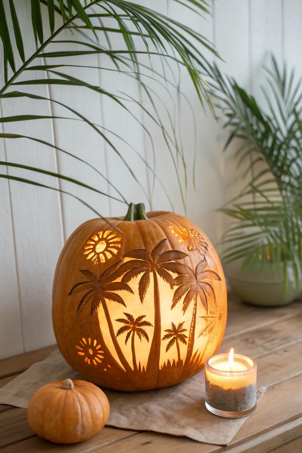 Transform your pumpkin into a tropical paradise with enchanting palm tree silhouettes. Let the glow of paradise light up your autumn nights!