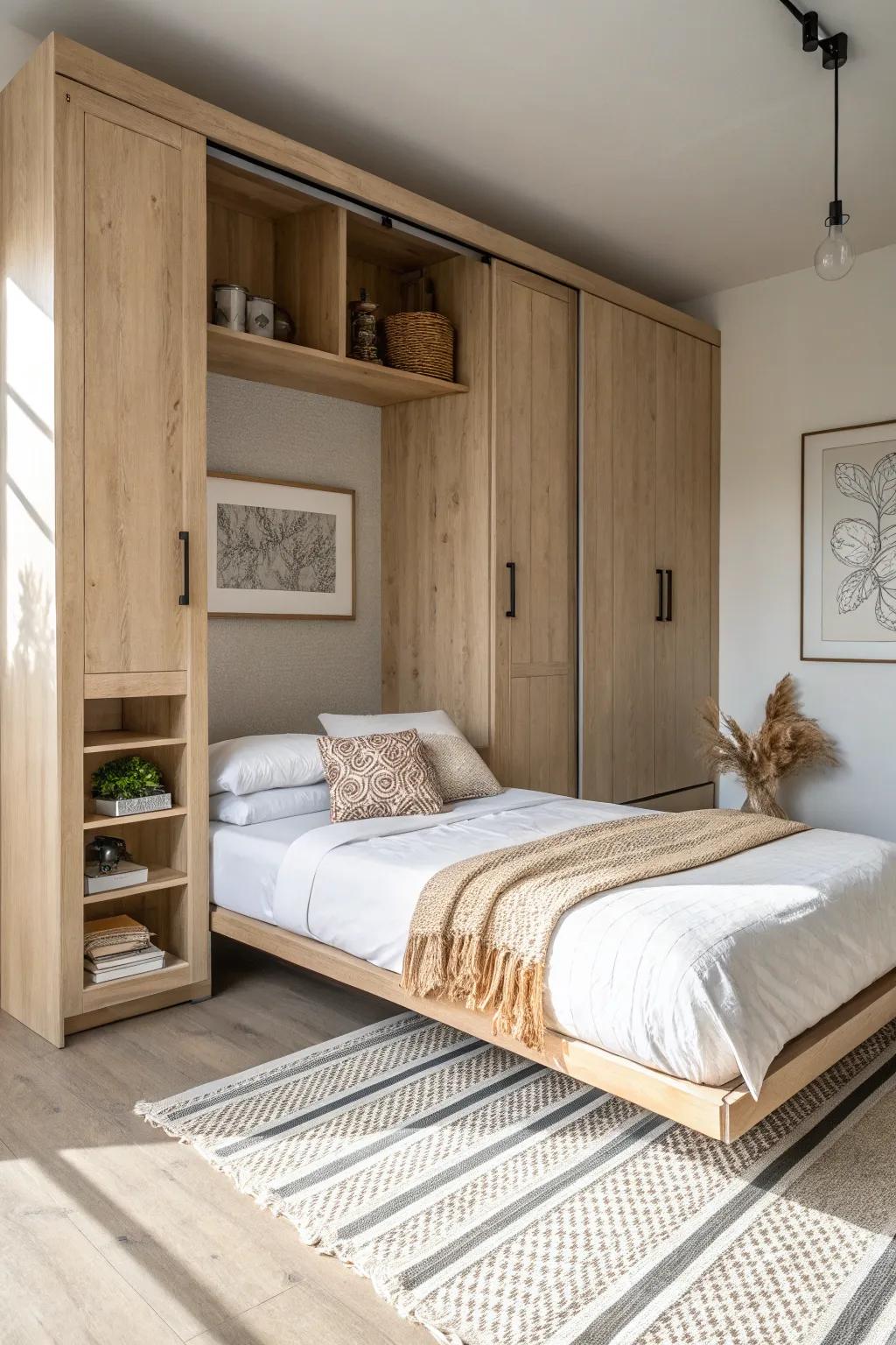 A horizontal fold-down bed turns a narrow room into a calm guest nook—no walkway sacrificed.