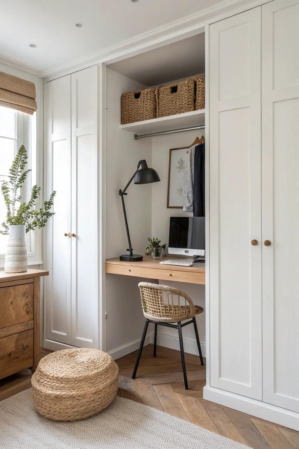 Closet desk nook that hides in plain sight—close the doors and your workspace disappears.