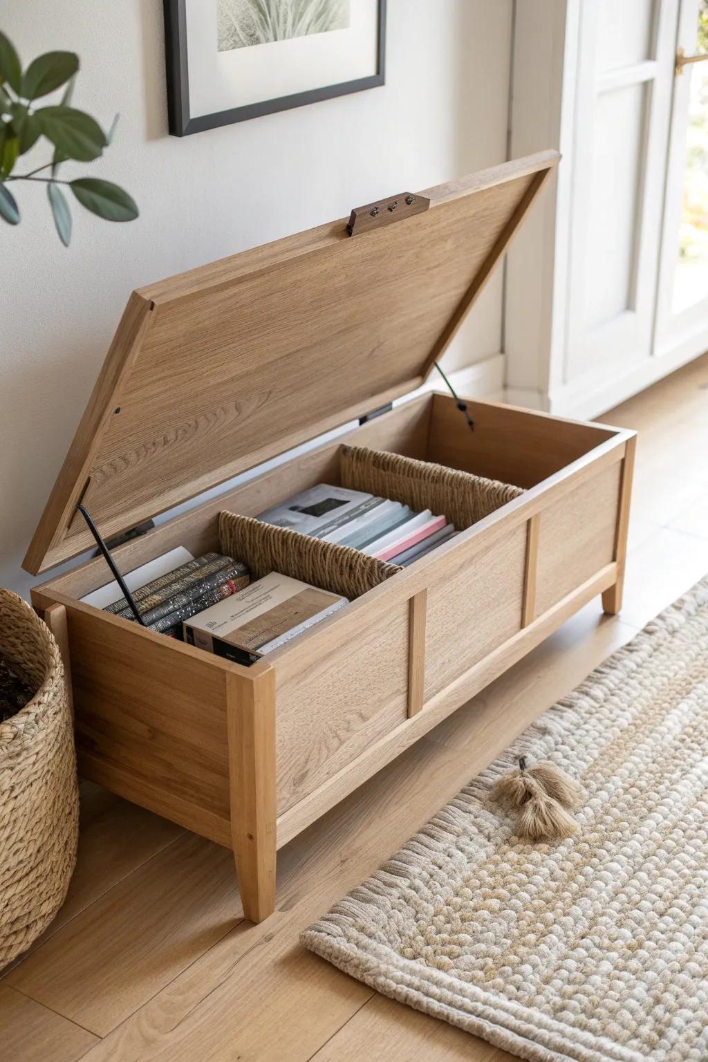 A sleek lift-top entry bench that hides DVDs in tidy rows—beautiful, practical, and compact.