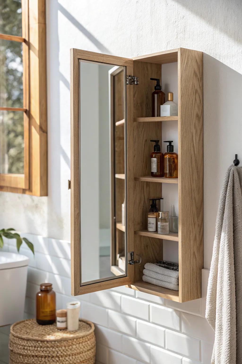 A framed mirror on hinges: the most elegant way to hide a slim medicine cabinet.