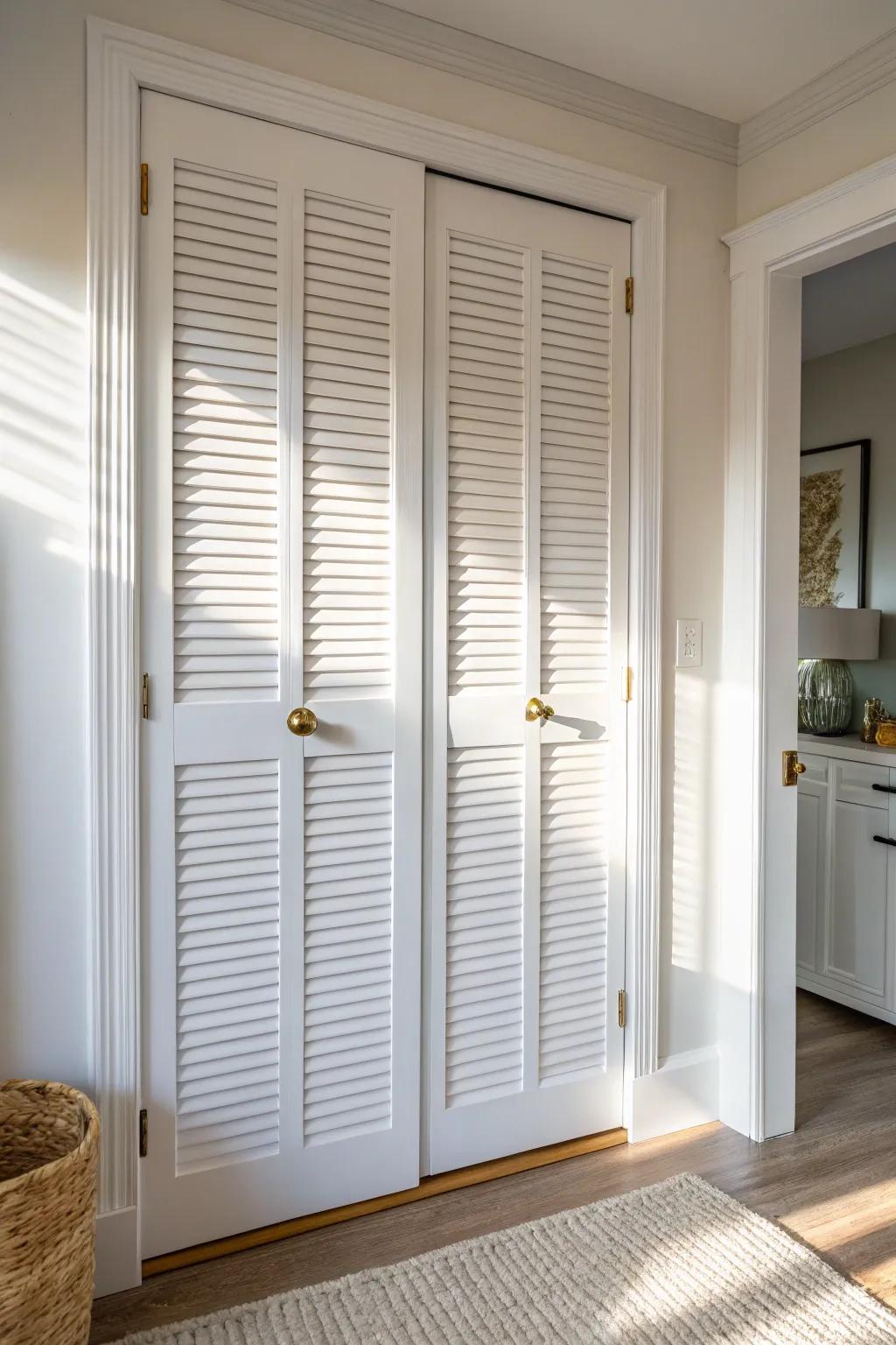 Louvered closet doors hide utility gear beautifully—classic look with breathable airflow.