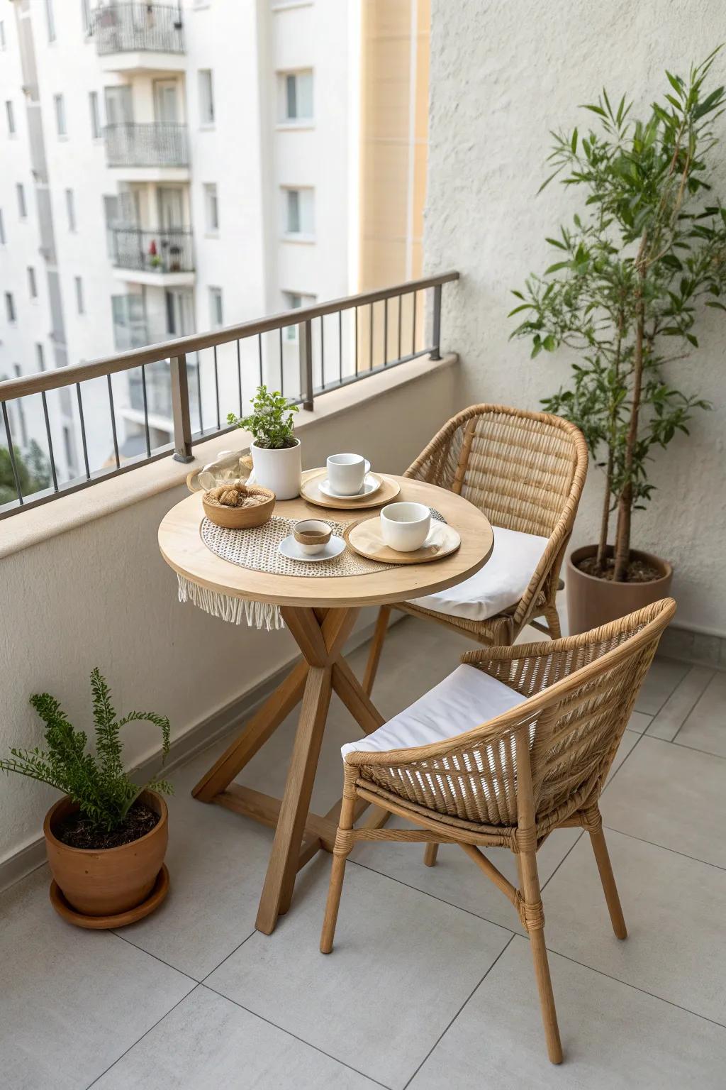 A tiny bistro set turns a narrow high-rise balcony into a chic spot for breakfast outside.