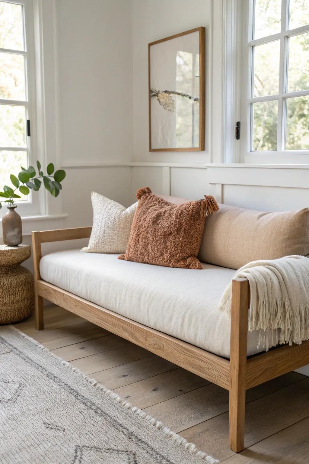 Style a daybed like a sofa with plush back pillows for a cozy office-guest room combo.