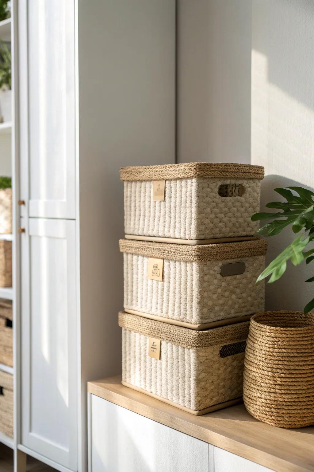 Matching storage bins bring instant calm—one cohesive style makes any shelf look curated.