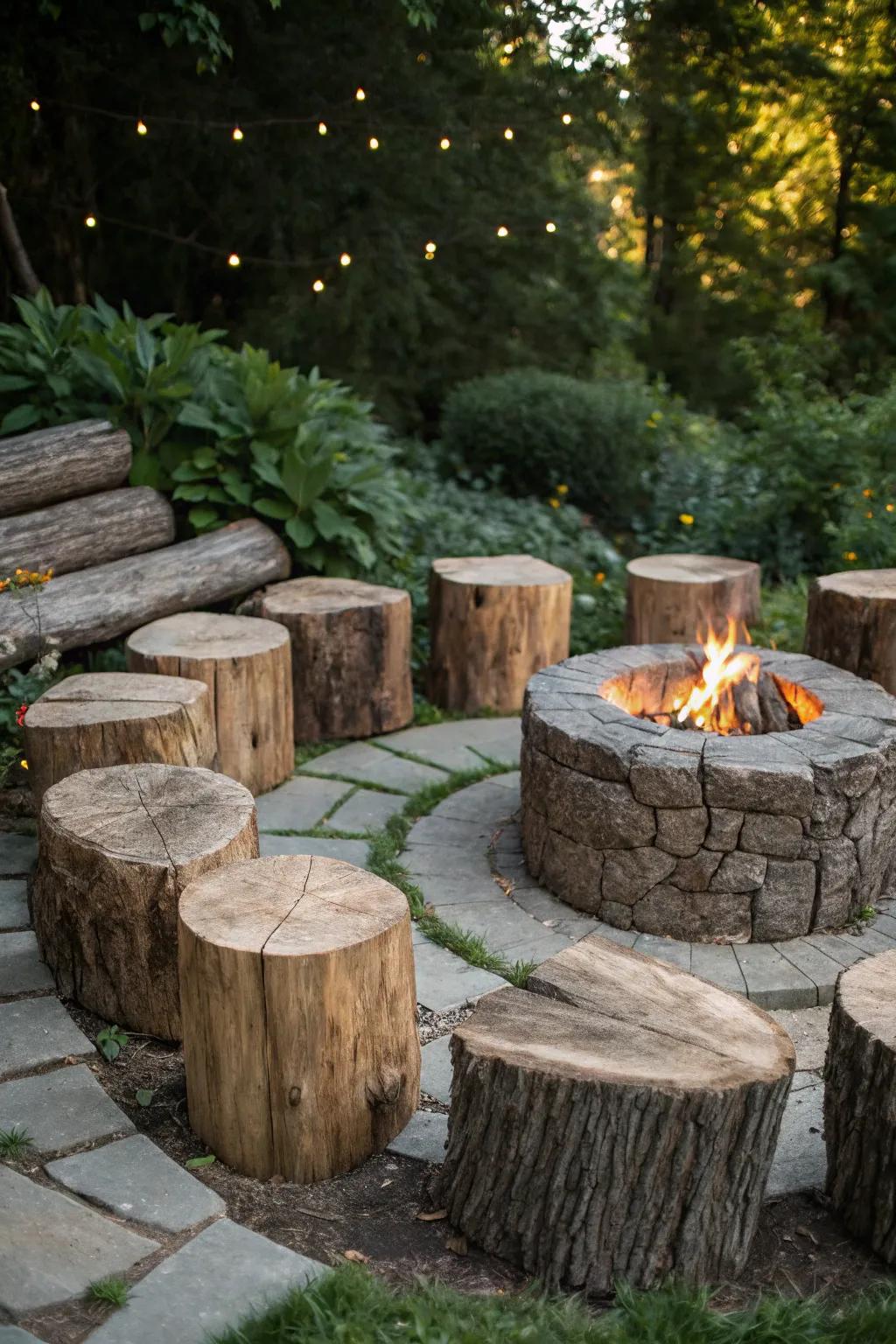 Embrace nature's elegance with rustic log seating for your fire pit.