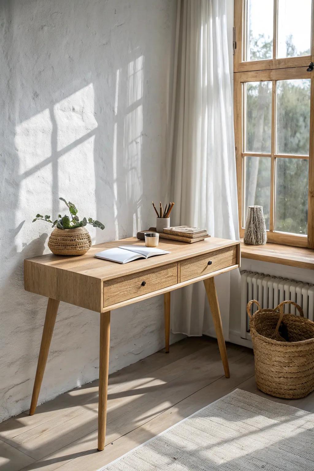 A slim window desk turns tiny homeschool corners into bright, clutter-free learning spots.