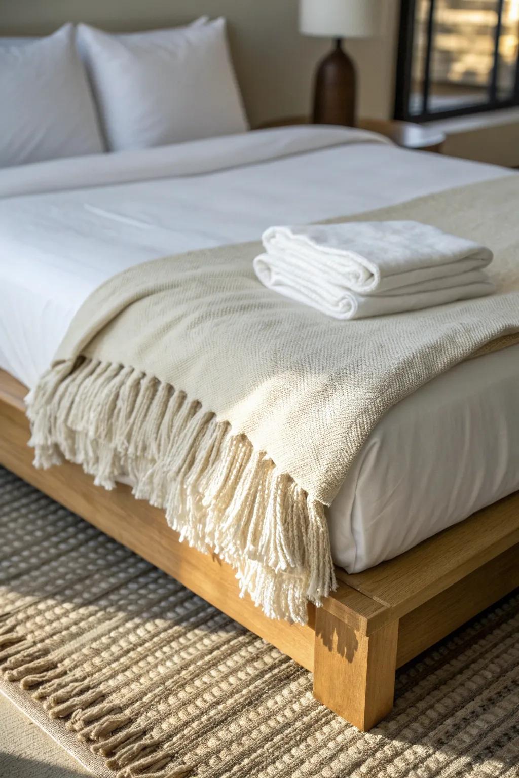 Fold a textured throw at the foot of the bed—instant hotel polish in minutes.