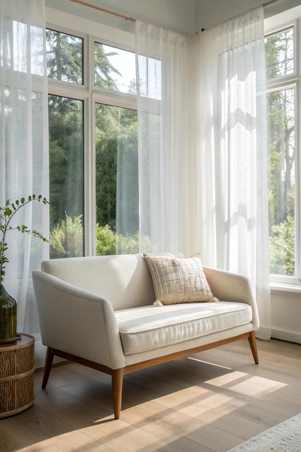 Slim, leggy seating keeps a sunroom airy—lounge-ready comfort without blocking the light.
