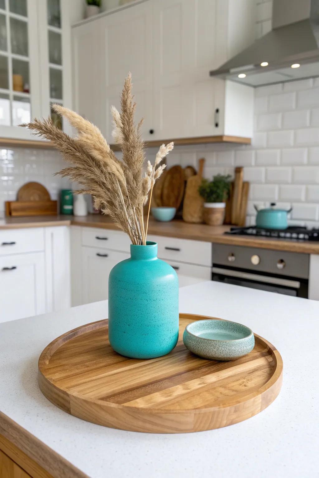 Add a pop of color to your minimalist decor with a turquoise lazy Susan—where simplicity meets vibrant charm.