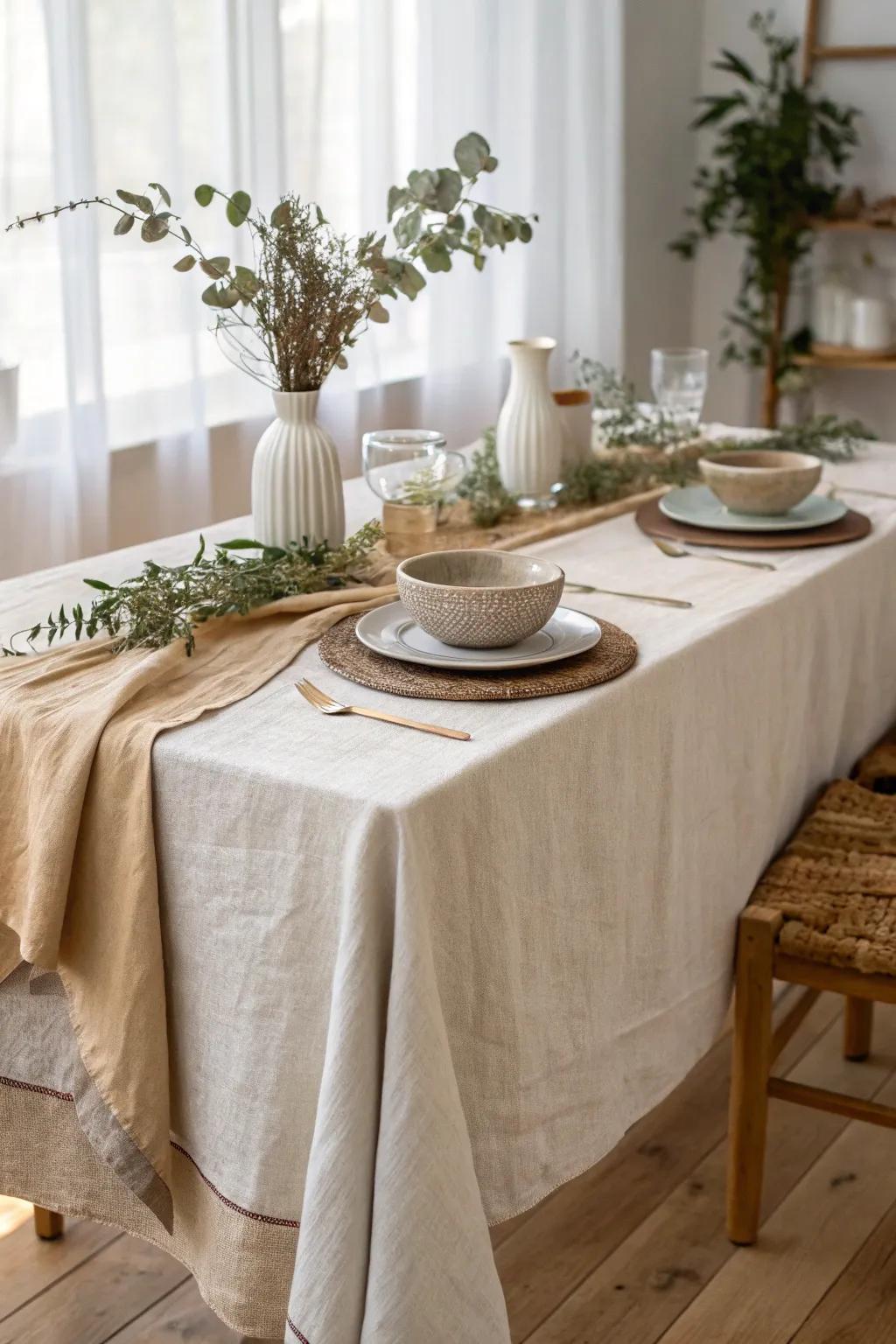 Elevate your dining experience with elegantly layered tablecloths for a modern, inviting touch.