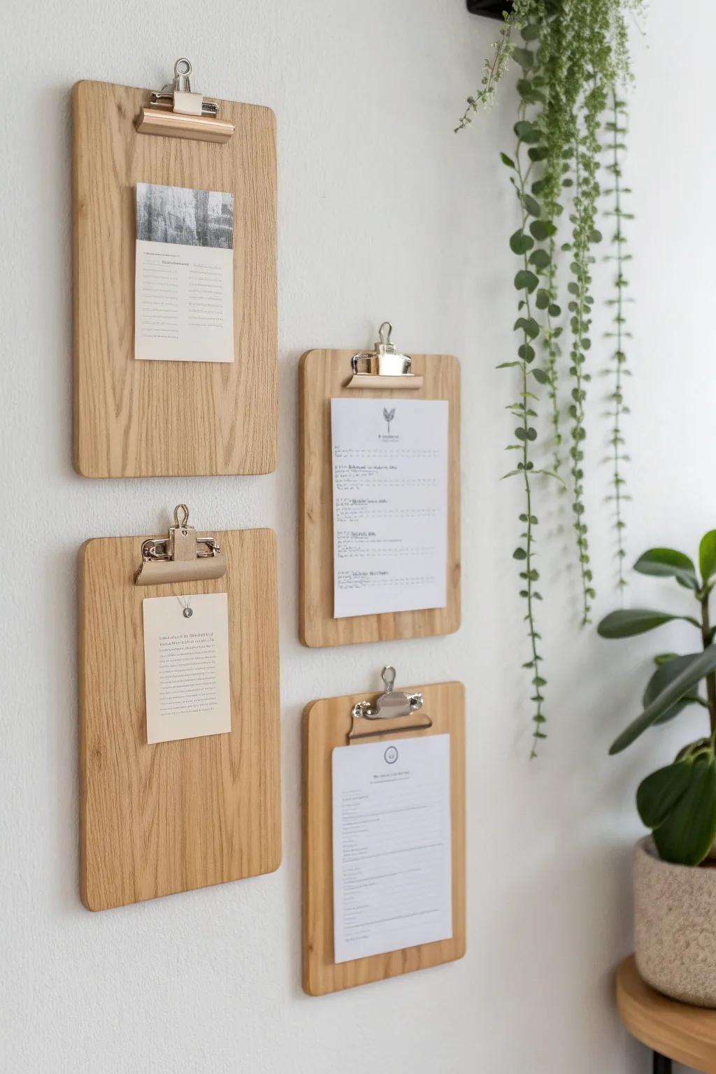 Elevate your workspace with a chic vertical display of clipboards, blending Scandinavian simplicity with a touch of Boho charm.