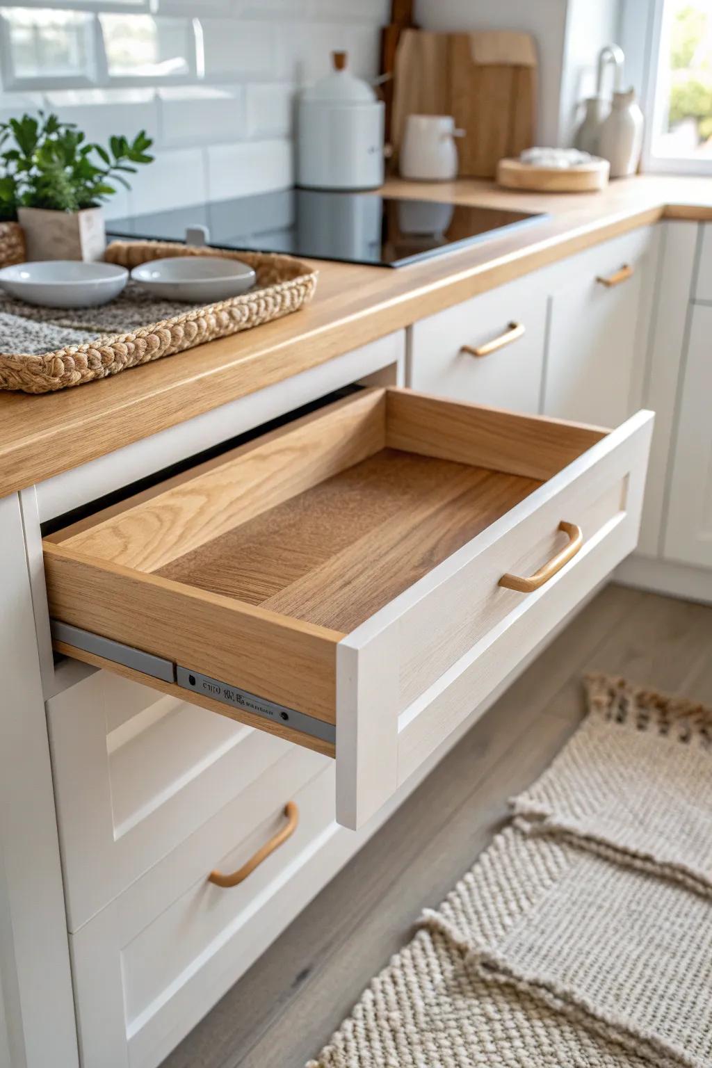 Pull-out trays turn blind corner cabinets into easy, no-crouch storage—beautiful and practical.