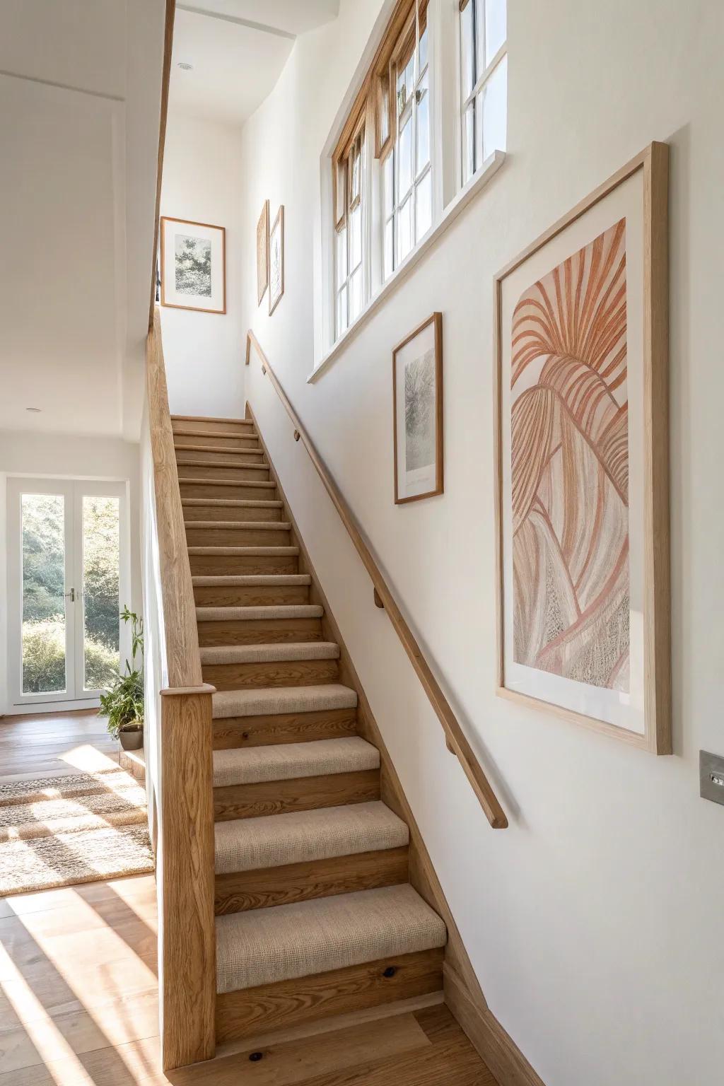 Fill stairwell dead space with one oversized art print for a calm, gallery-like focal point.