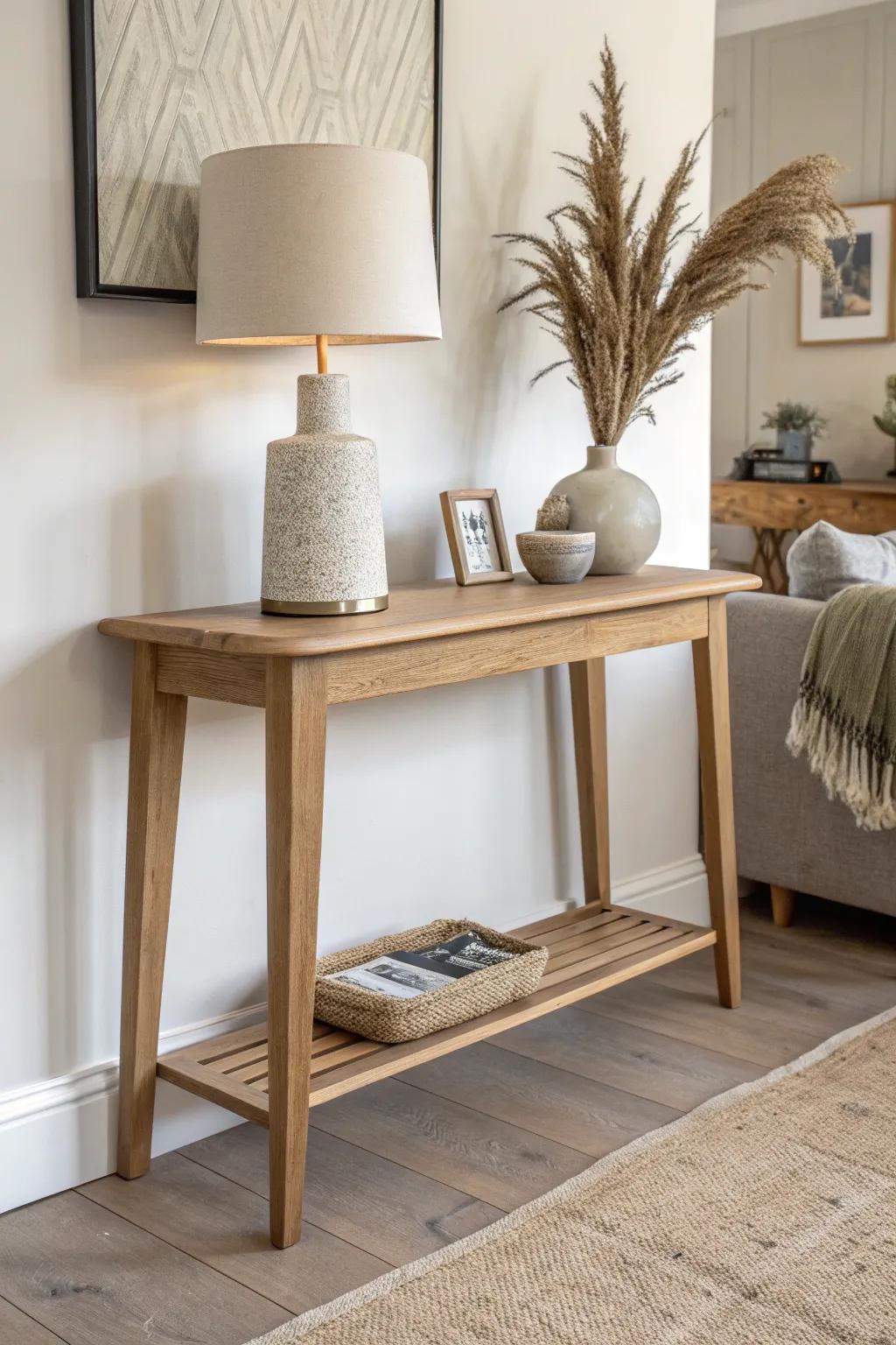 Turn dead wall space into a moment: a slim console with lamp + tray, airy and functional.