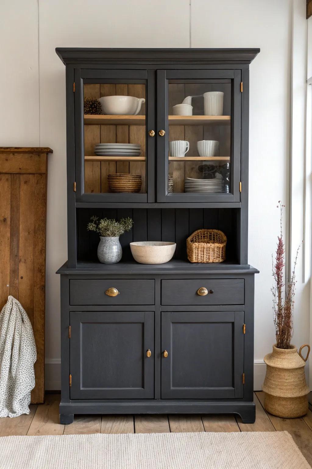 Matte black hutch makeover: instant drama, minimal styling, and a built‑in look.