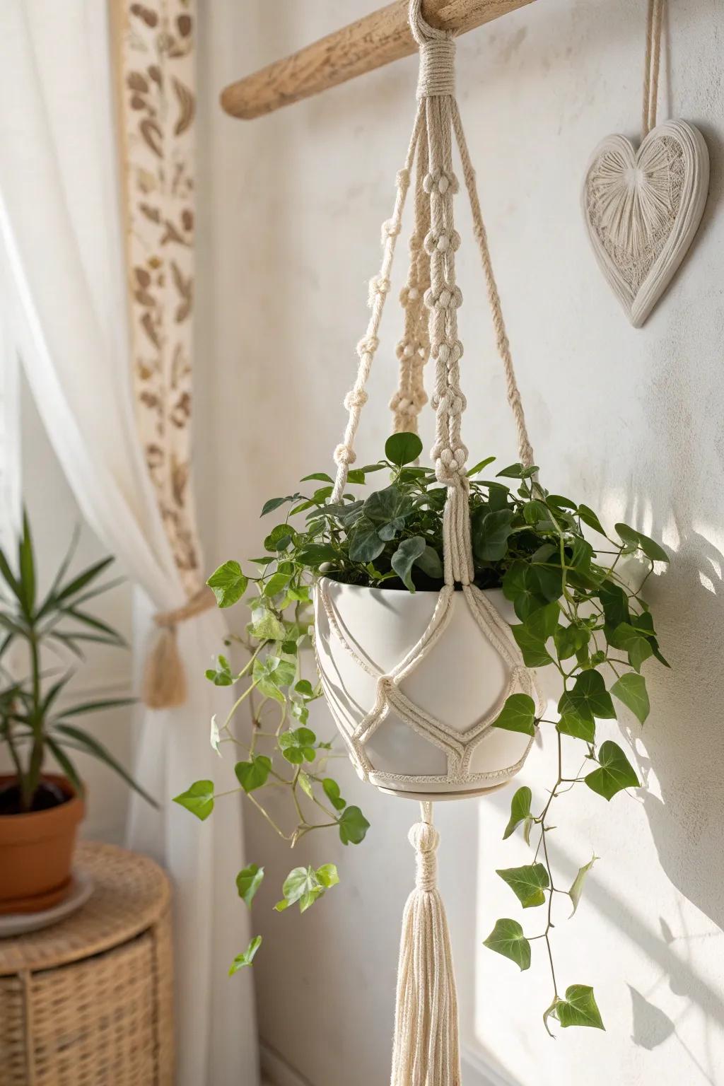 Float your greenery: a macramé hanging planter with trailing vines for tiny-space style.