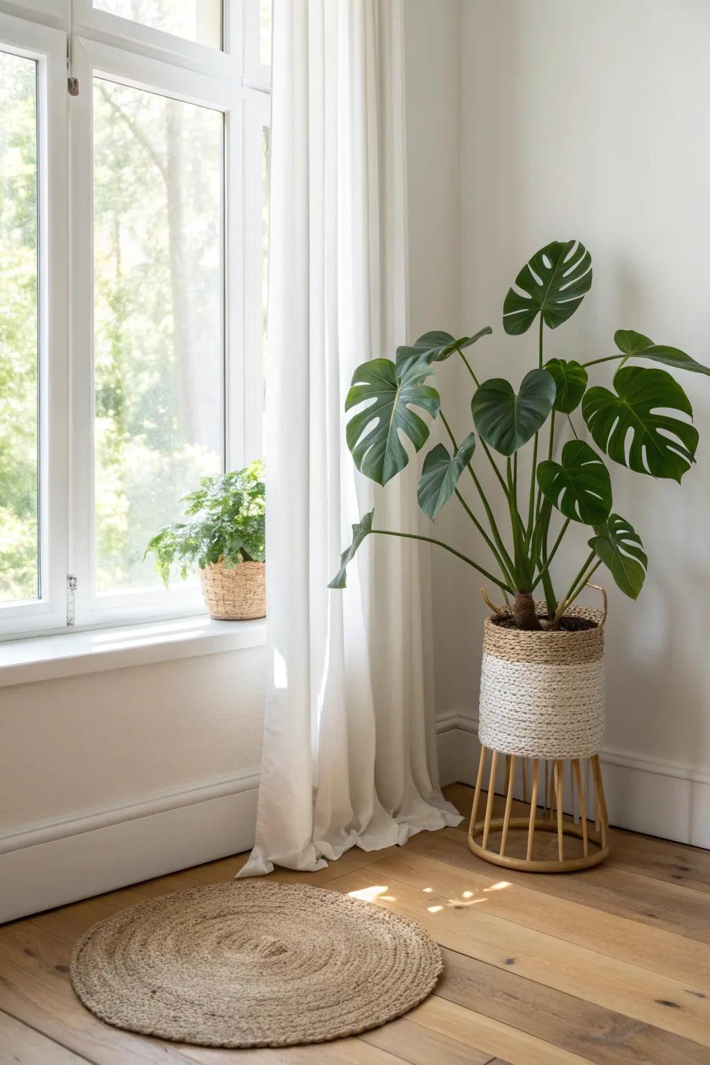 A bright window plant corner—one statement monstera on a crafted stand for instant calm.