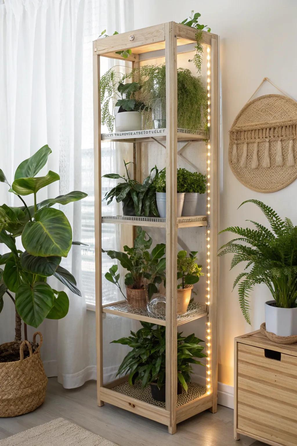 A plain shelf becomes a mini indoor greenhouse—clear vinyl wrap + LED grow lights, no extra space.