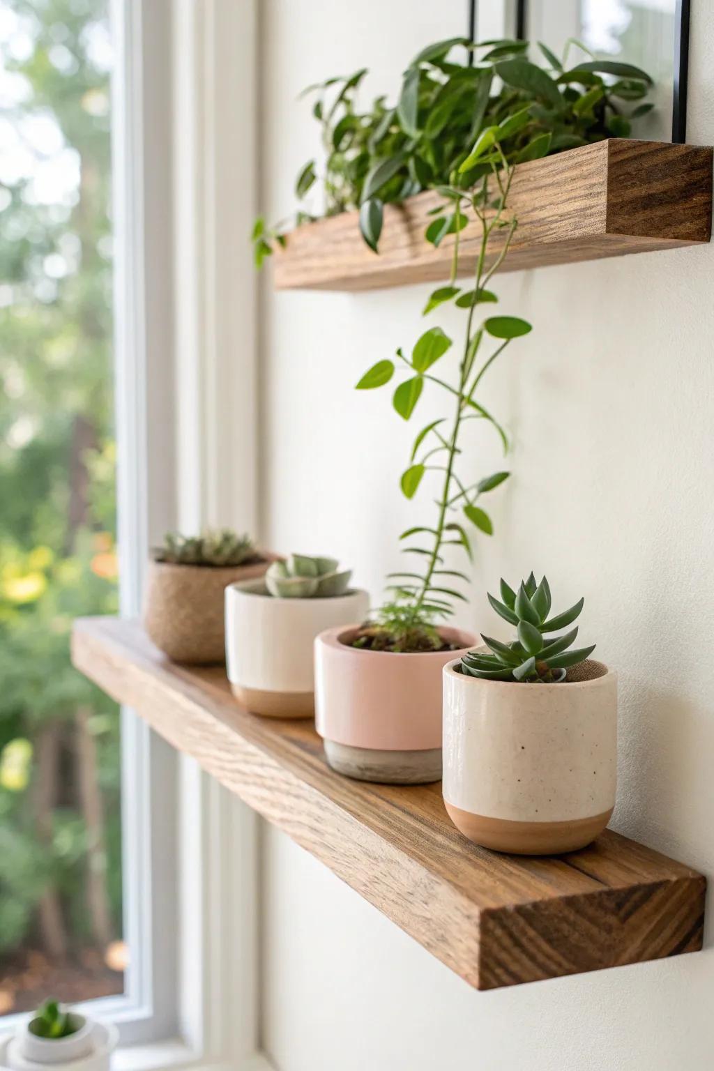 One floating shelf makes a tiny wall a mini plant gallery—simple, airy, and easy to rearrange.