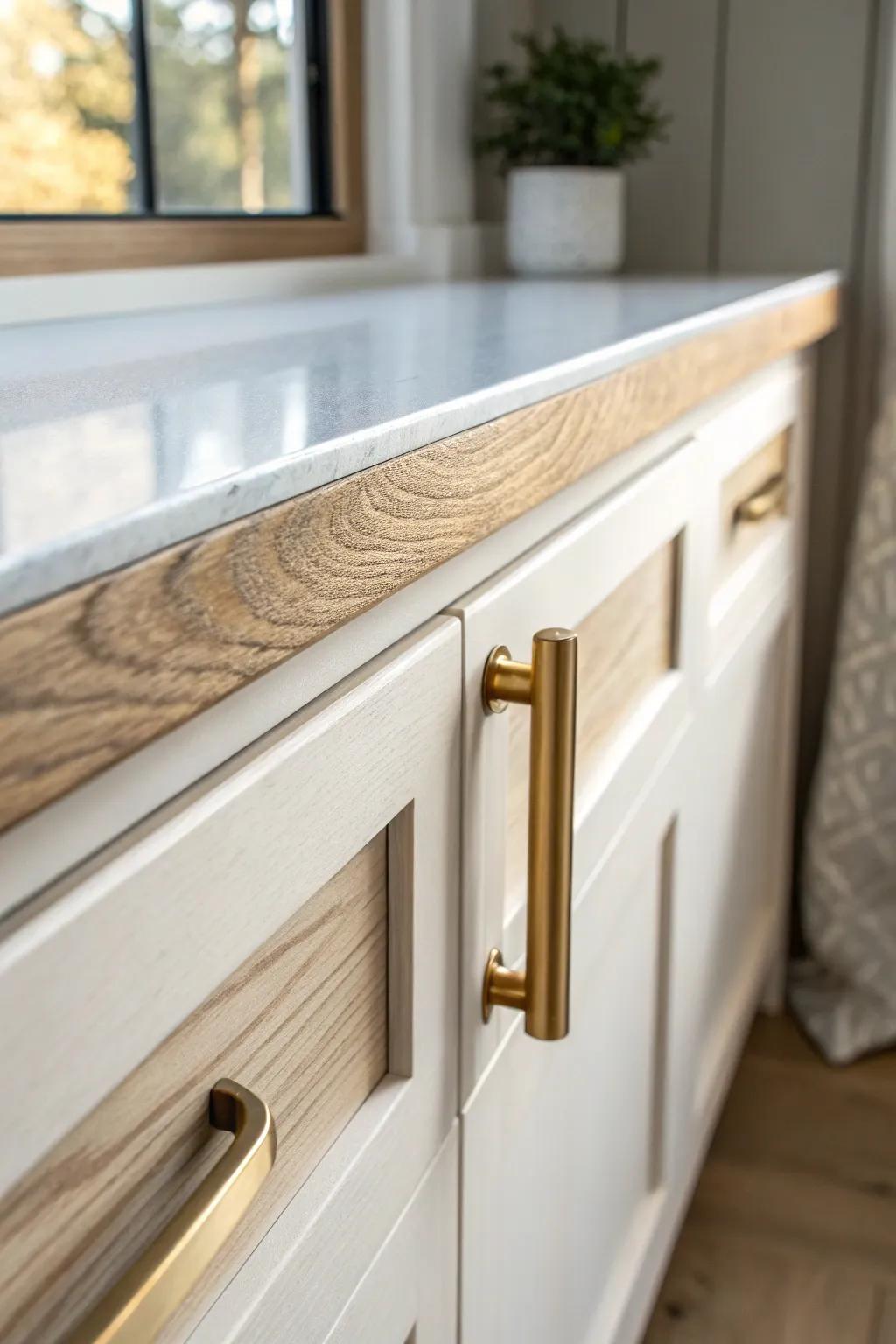 One brushed-brass pull instantly elevates camper cabinets—simple, cohesive, and chic.