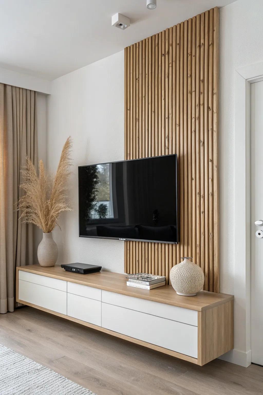 A wood slat TV wall that hides every cable—clean, warm, and perfect for small spaces.
