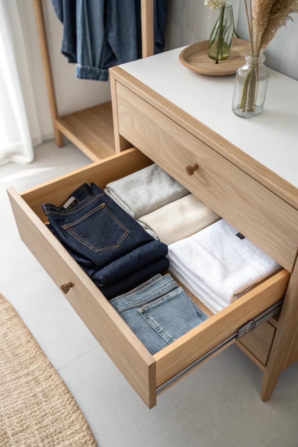 Neat denim at a glance: slim wooden drawer dividers keep each jean style in its own row.