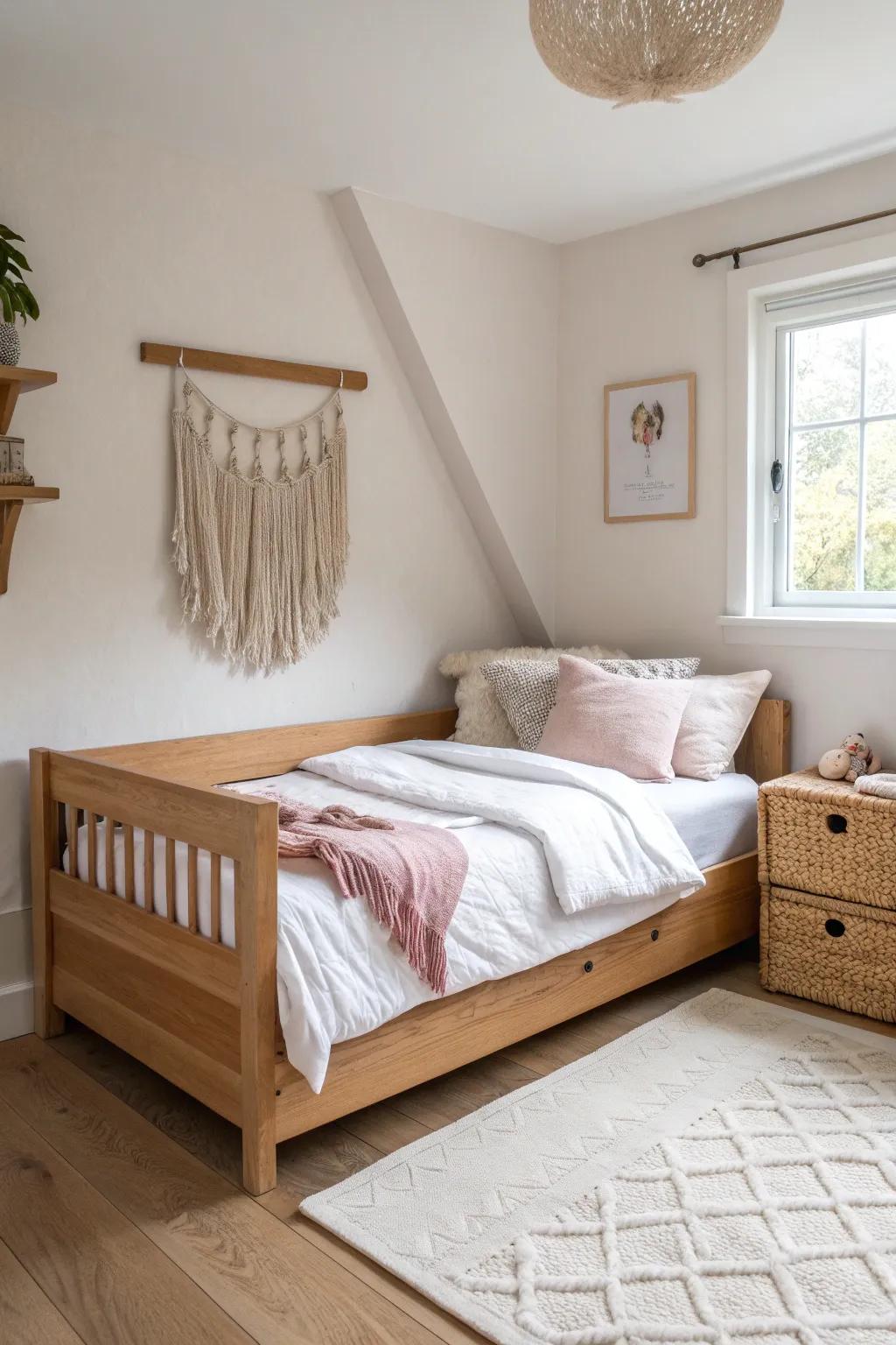Corner-bed layout: warm wood + crisp white bedding for more open play space in small rooms.