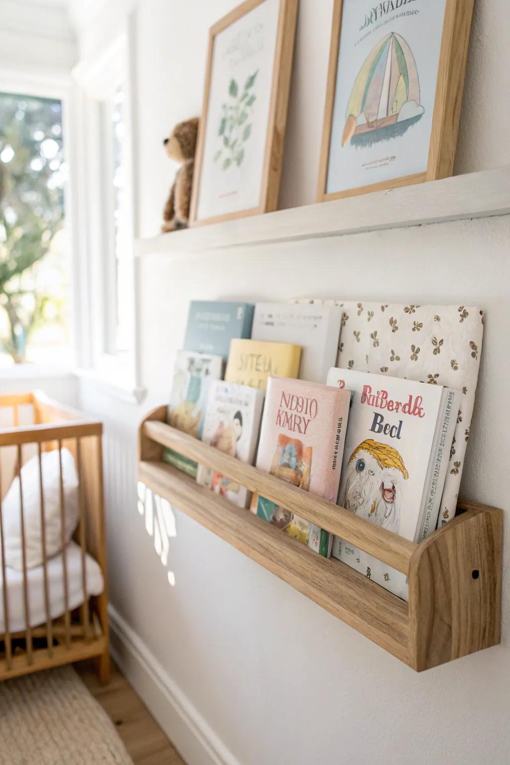 Front-facing picture ledge turns kids’ book covers into calm, rotating decor for small spaces.
