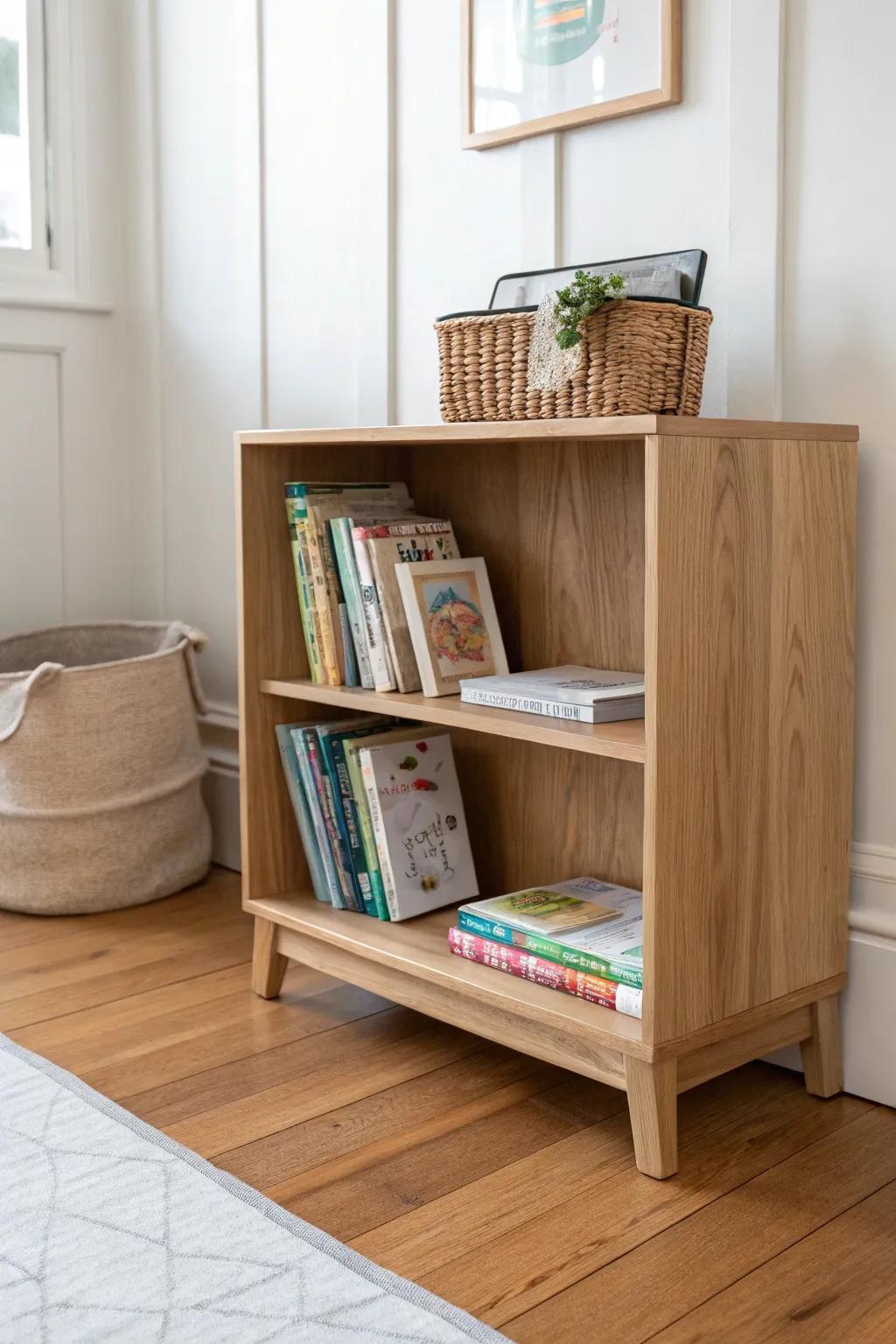 Low open bookcase at kid height—easy to reach, easy to tidy, and perfect for bedtime reads.