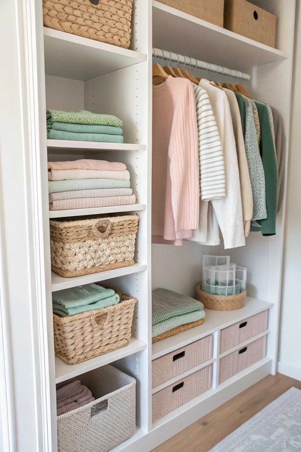 Center shelf tower turns a narrow kids closet into two tidy zones for folds and bins.