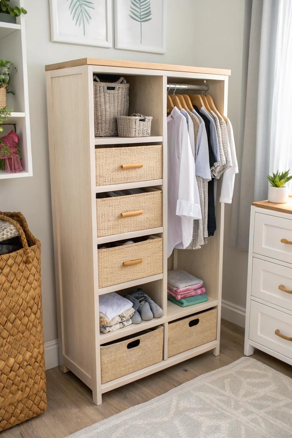 A center tower with drawers creates calm closet zones—socks and PJs disappear in seconds.