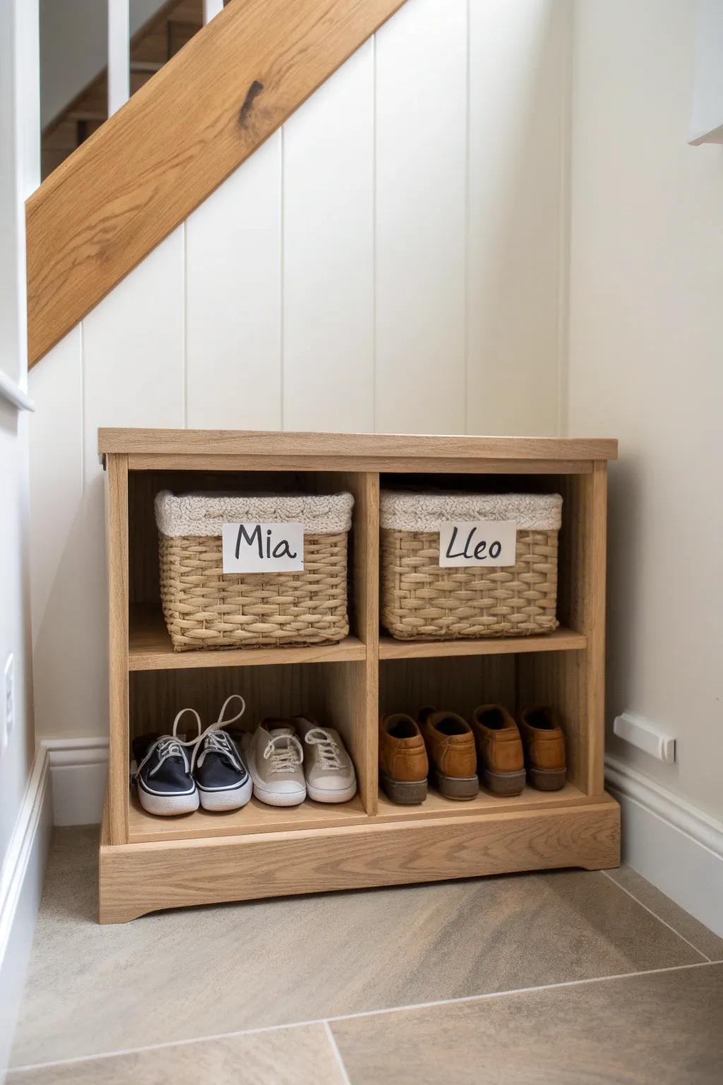 Open cubby shelf + labeled bins: the prettiest grab-and-go shoe system for busy mornings.