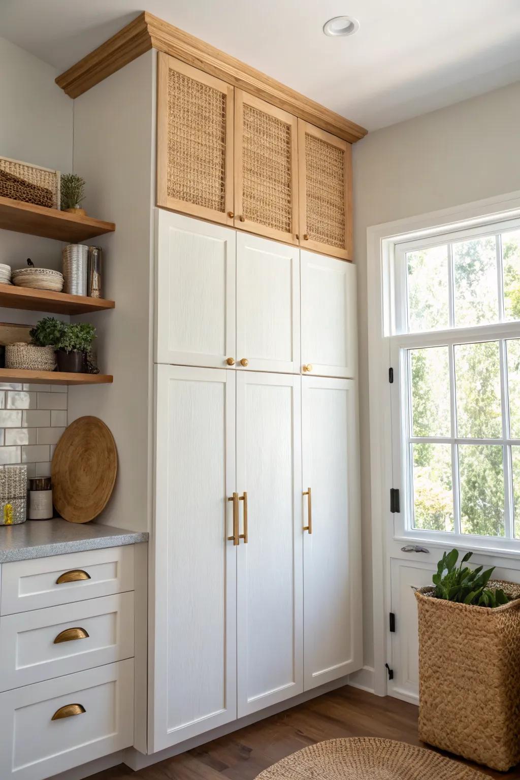 Double-stacked uppers to the ceiling: a simple way to add height and hide wasted space.