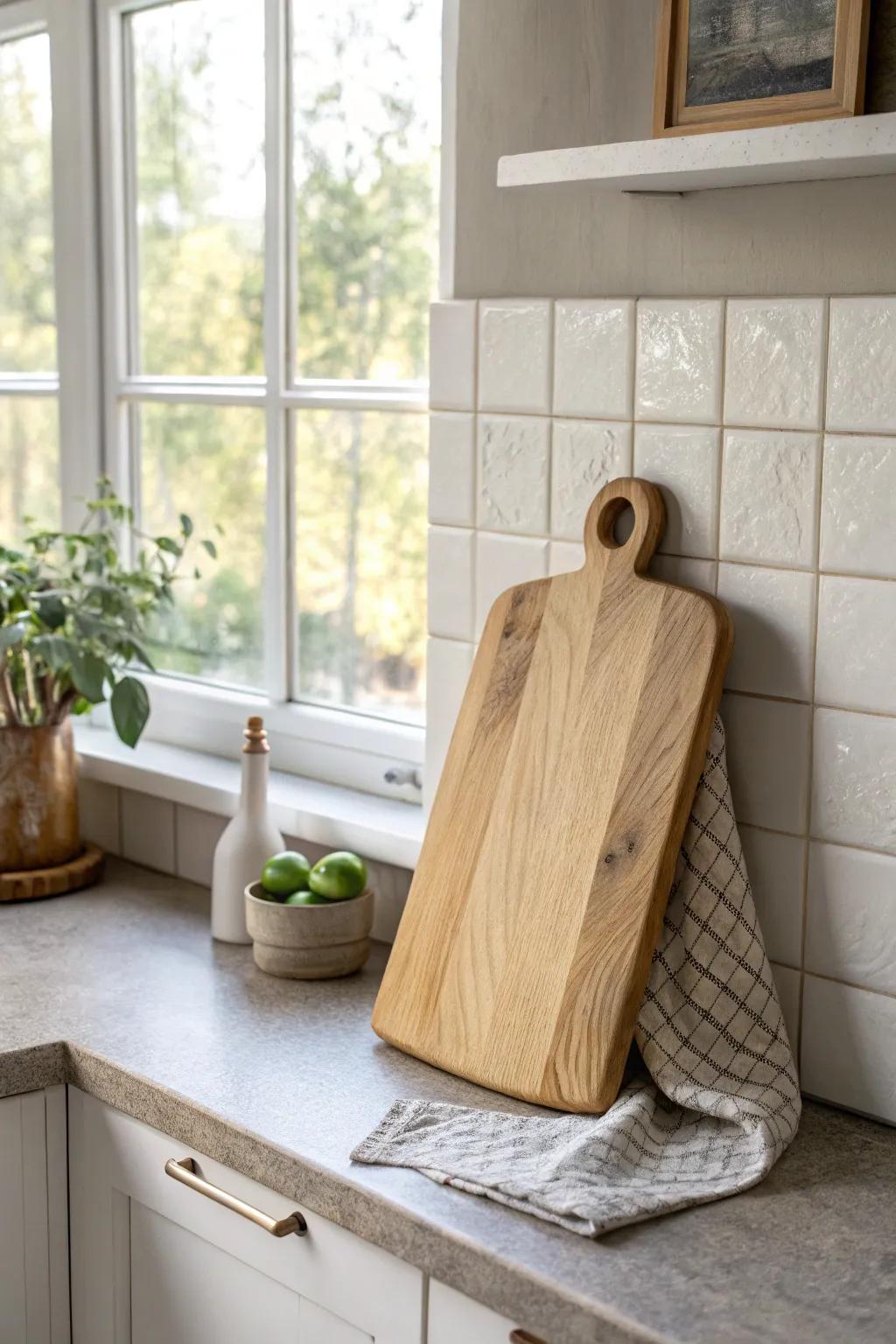 Lean a warm wood cutting board in the corner to add height, texture, and cozy layers.