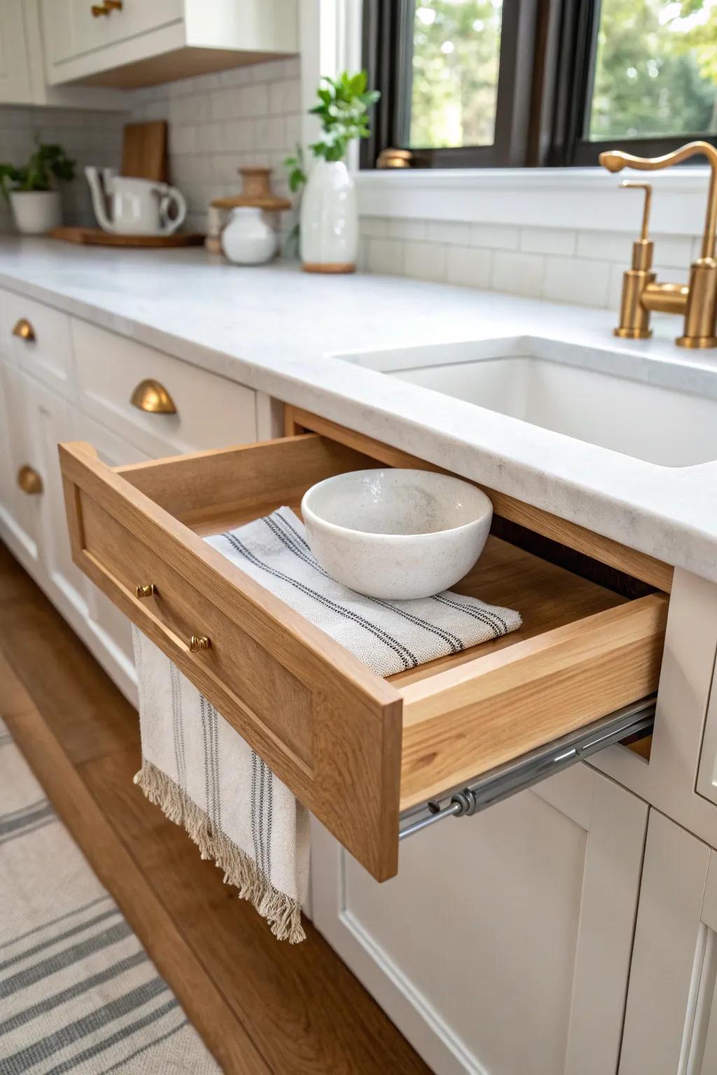 A hidden pull-out prep shelf adds instant counter space—perfect for small galley kitchens.