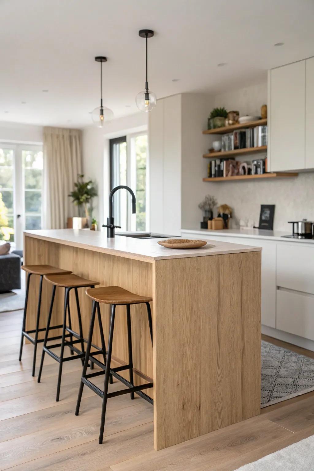 Slim wood peninsula breakfast bar that defines the kitchen edge—extra seating without lost space.