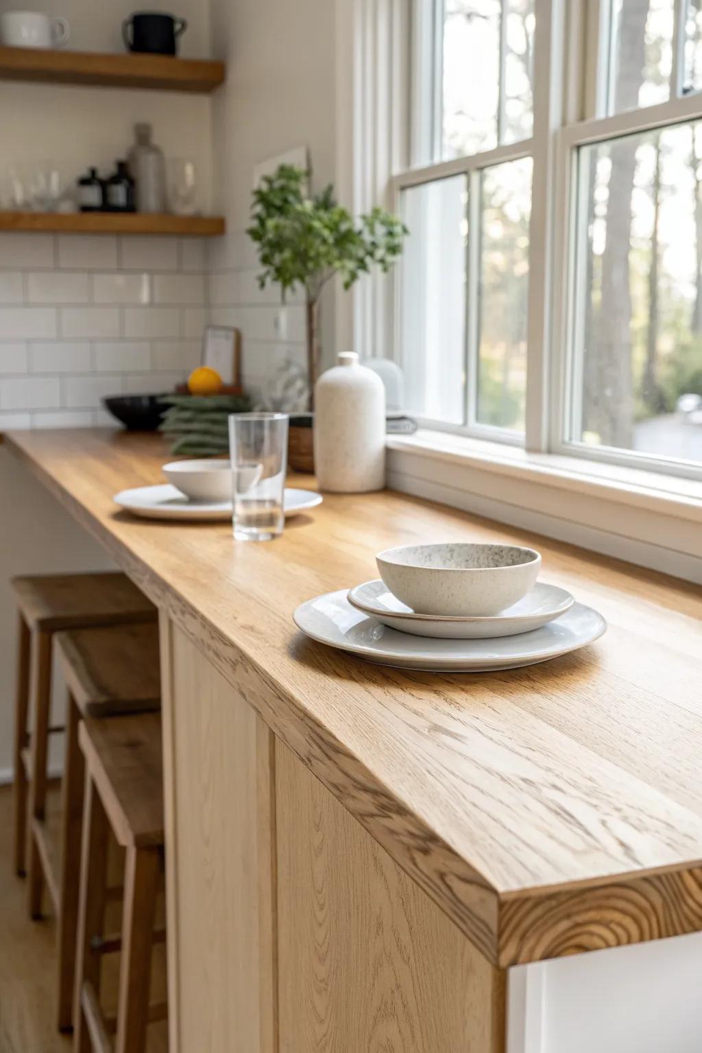 A slim counter-height ledge turns a half wall into an effortless serving spot.