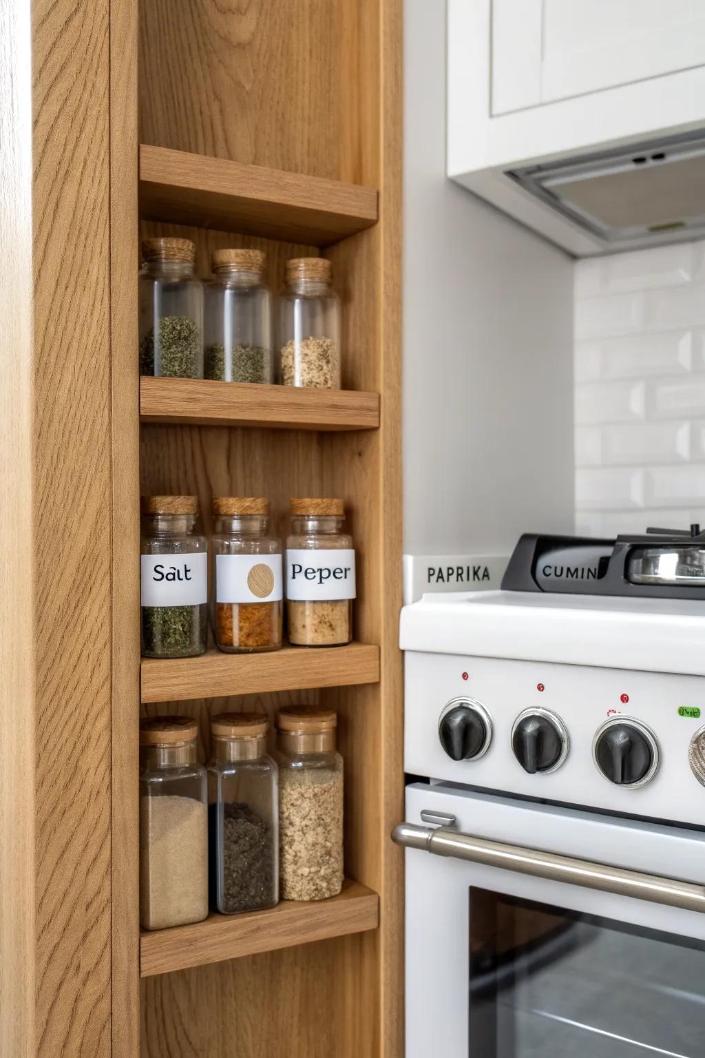 A slim spice niche beside the stove keeps your go-to seasonings tidy, visible, and within reach.