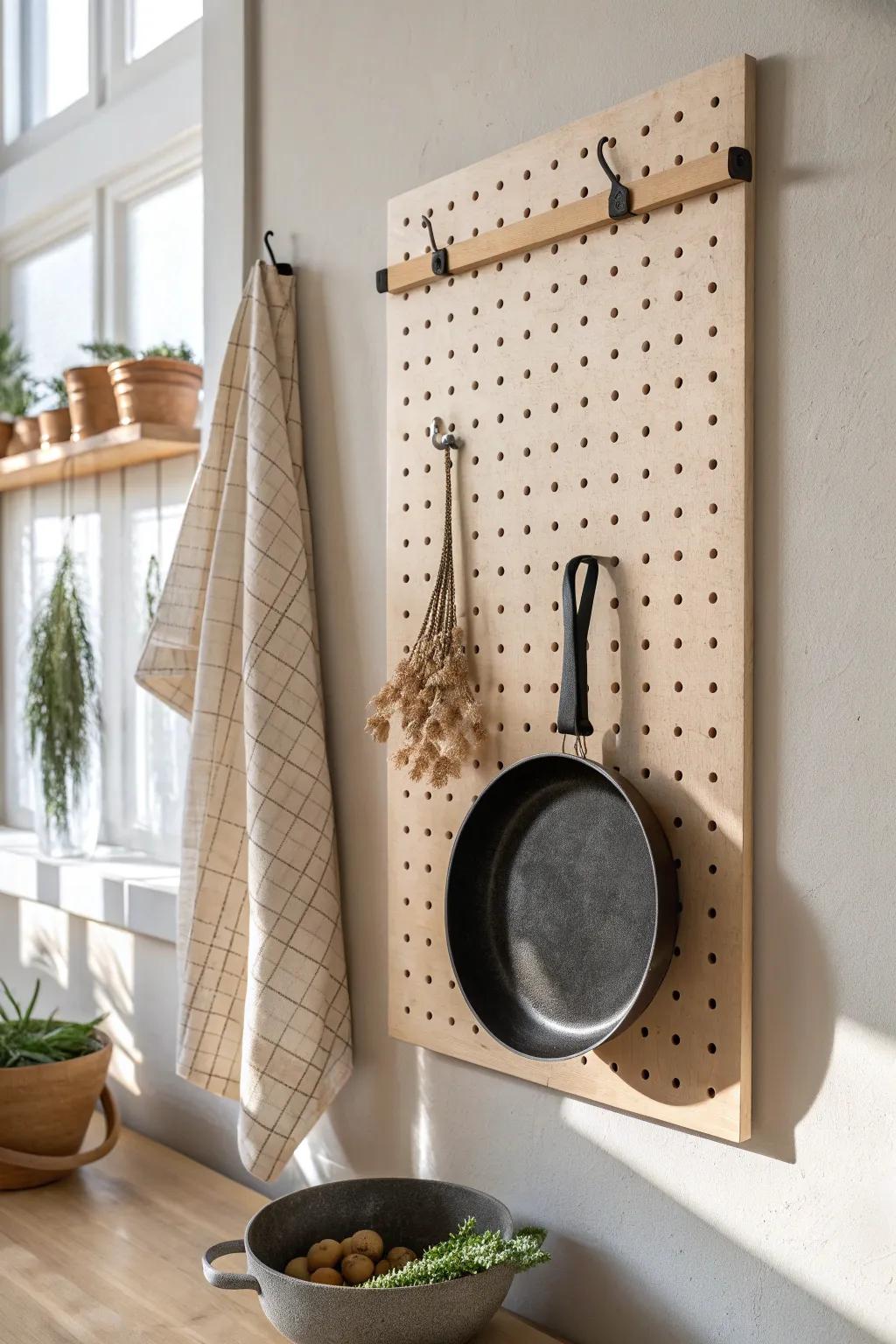 Pots and pans on sturdy hooks—free up cabinet space with a chic pegboard wall.
