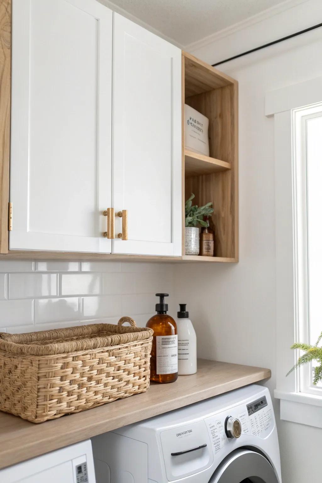 Upper cabinets keep detergent and stain spray hidden, making any tiny laundry wall feel tidy.