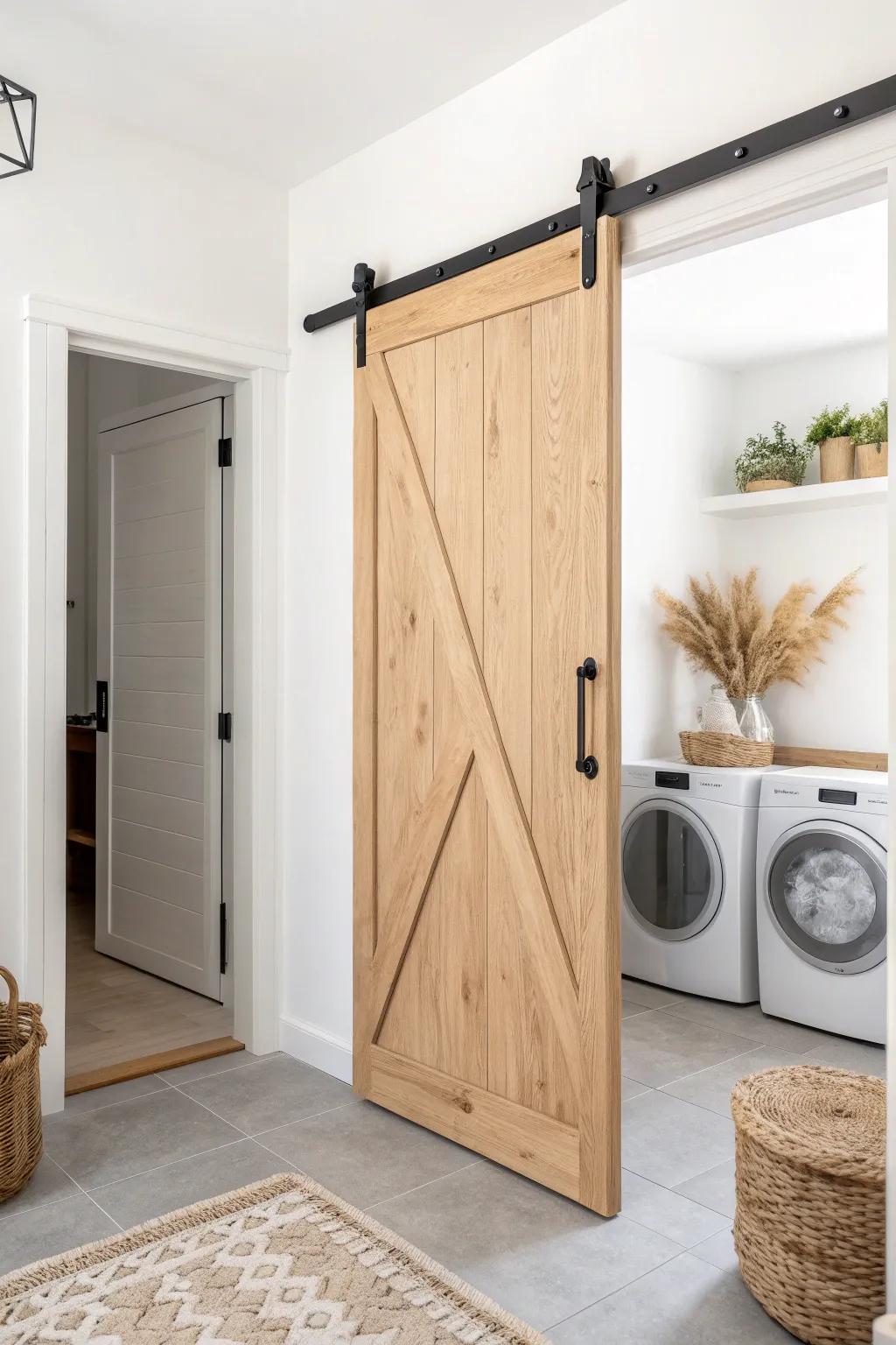 Space-saving sliding barn door: warm oak, sleek black rail, and airy minimalist style.
