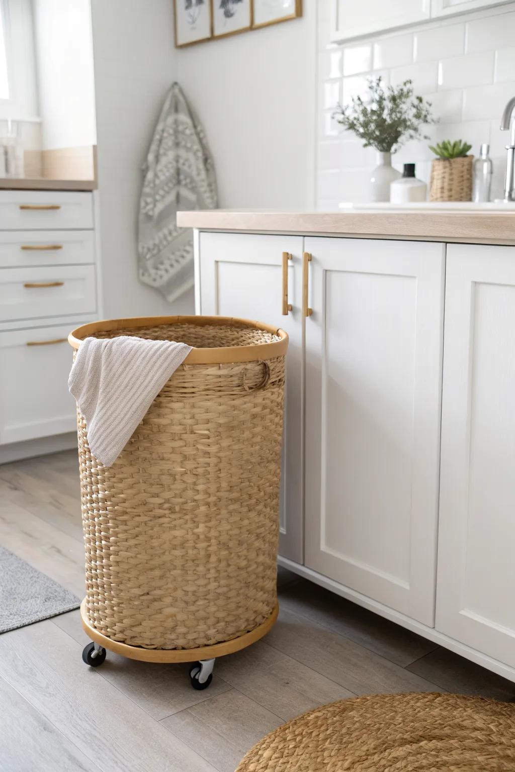 Park rolling hampers under the folding counter to keep sorting tidy and walkways clear.