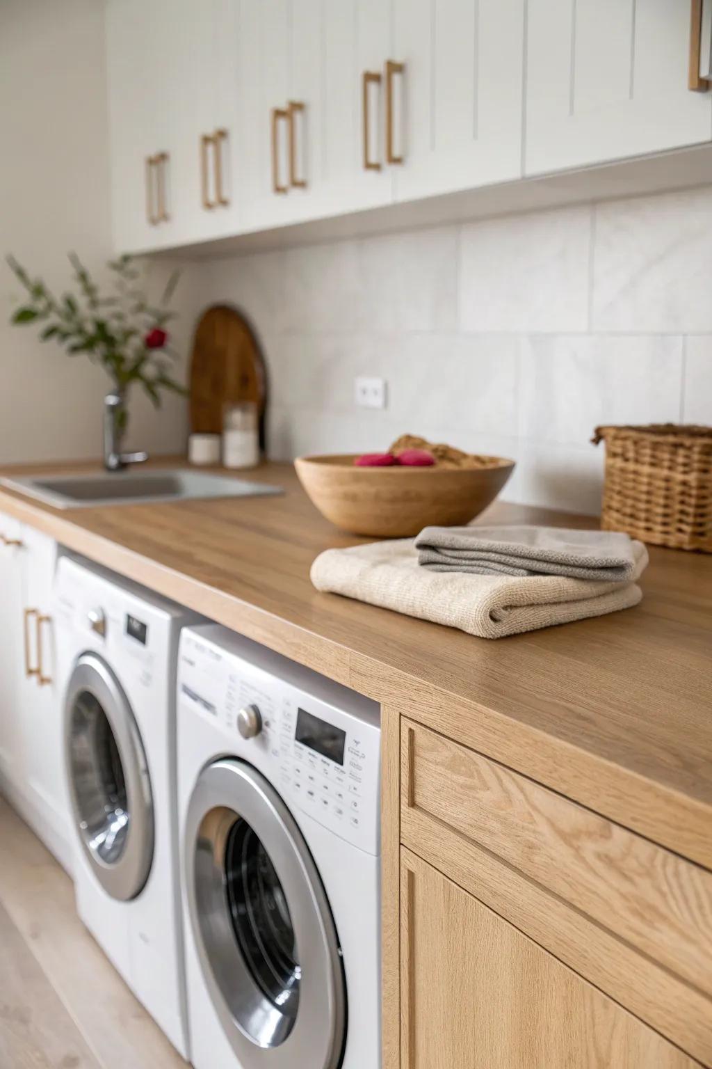 A seamless wood countertop over the laundry machines creates a chic folding and prep station.